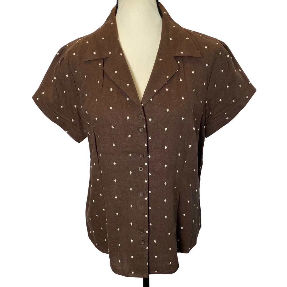 Saint Tropez West Linen Polka Dot Blouse Womens XL Retro Beach Coastal Grandma